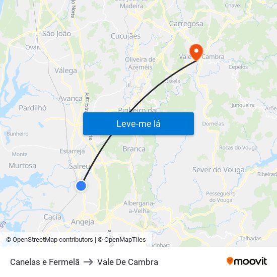 Canelas e Fermelã to Vale De Cambra map