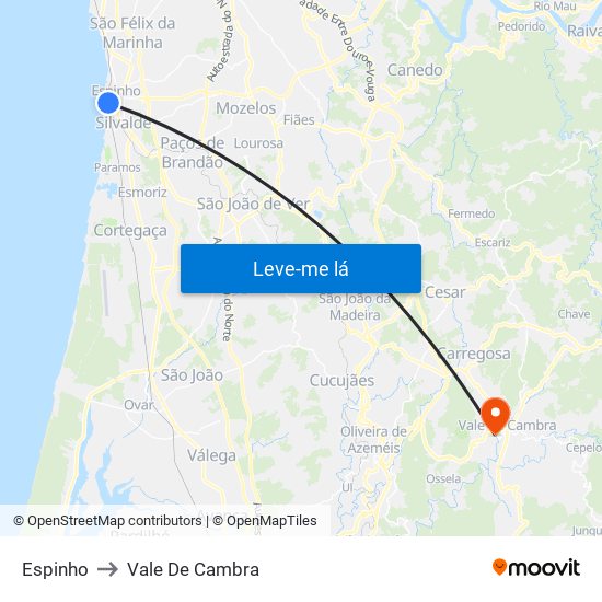 Espinho to Vale De Cambra map