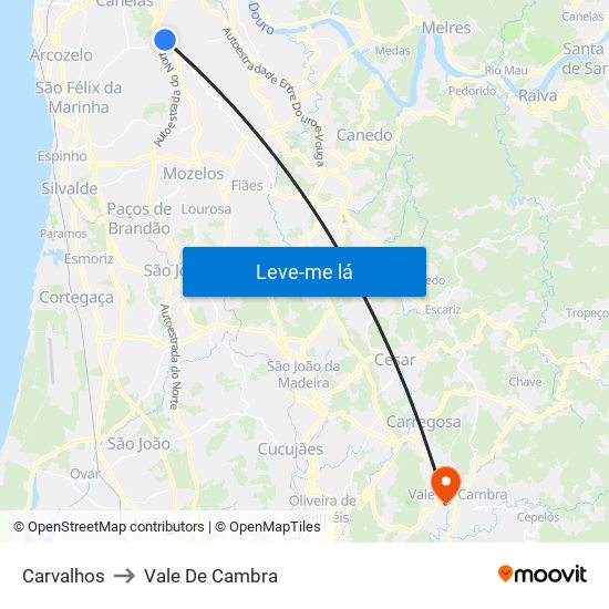 Carvalhos to Vale De Cambra map