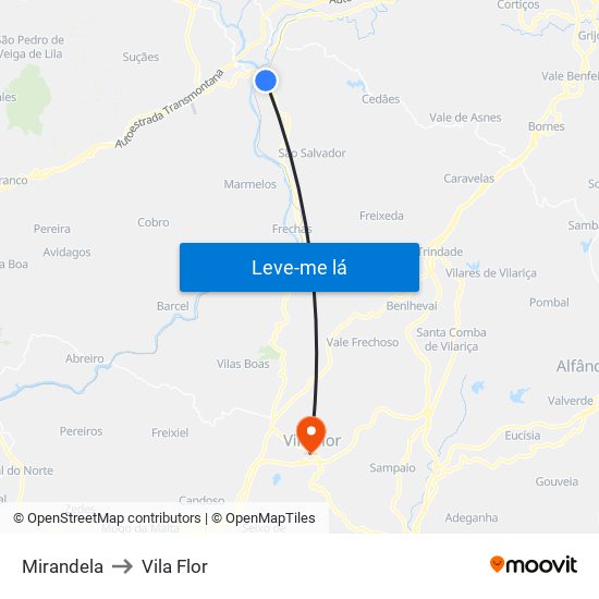 Mirandela to Vila Flor map