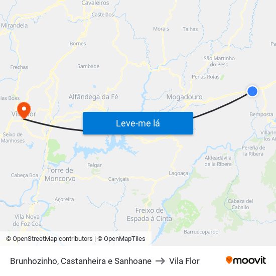 Brunhozinho, Castanheira e Sanhoane to Vila Flor map