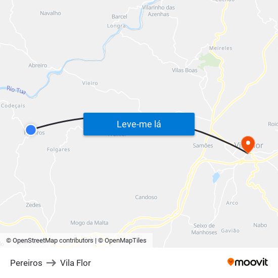 Pereiros to Vila Flor map