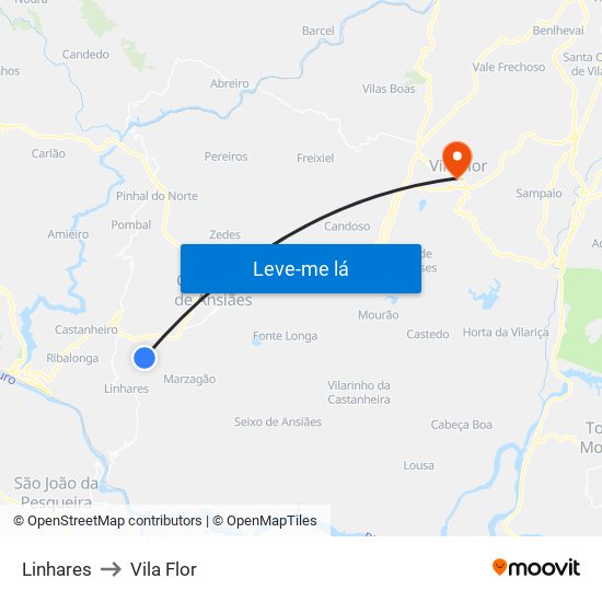 Linhares to Vila Flor map