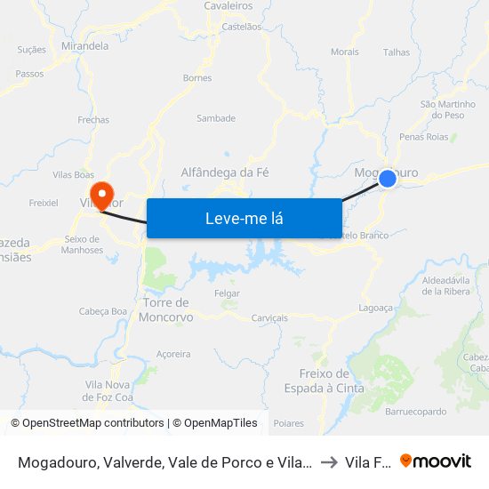 Mogadouro, Valverde, Vale de Porco e Vilar de Rei to Vila Flor map