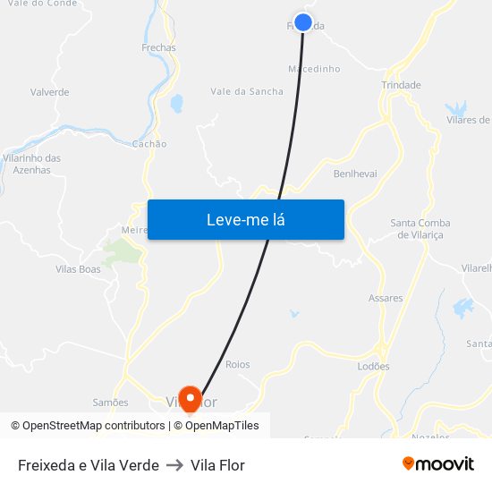 Freixeda e Vila Verde to Vila Flor map