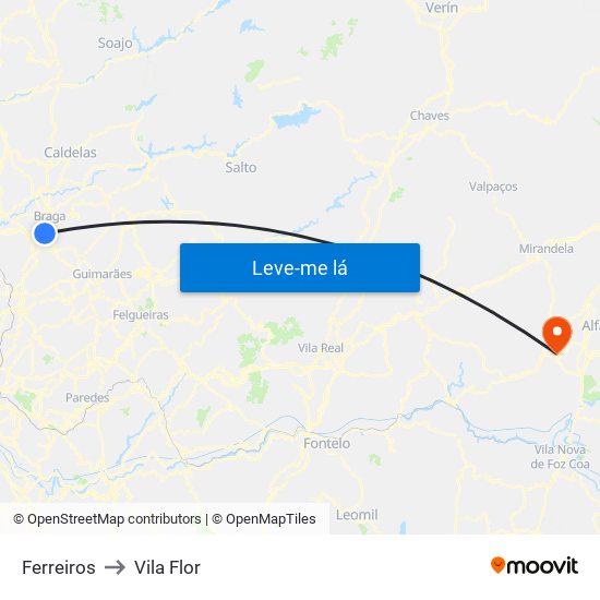Ferreiros to Vila Flor map