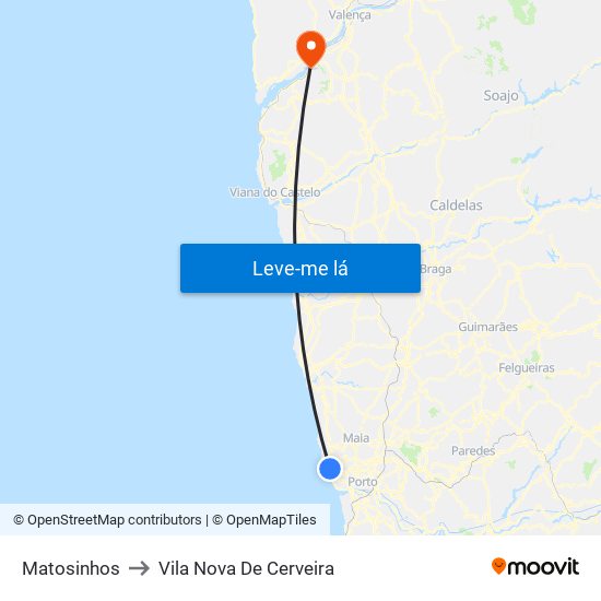 Matosinhos to Vila Nova De Cerveira map