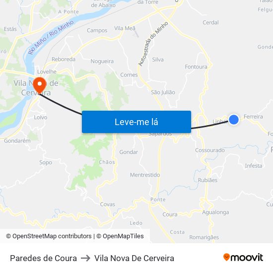 Paredes de Coura to Vila Nova De Cerveira map