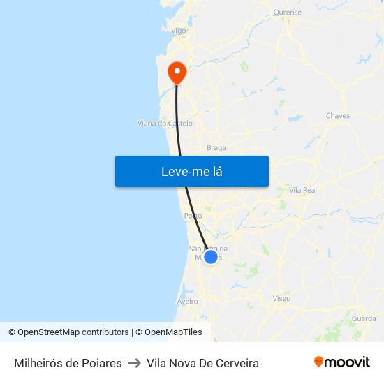 Milheirós de Poiares to Vila Nova De Cerveira map