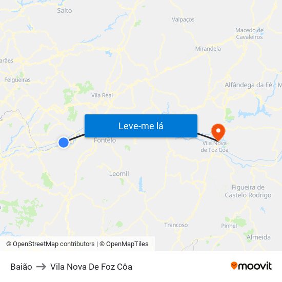 Baião to Vila Nova De Foz Côa map