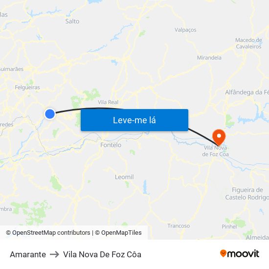 Amarante to Vila Nova De Foz Côa map