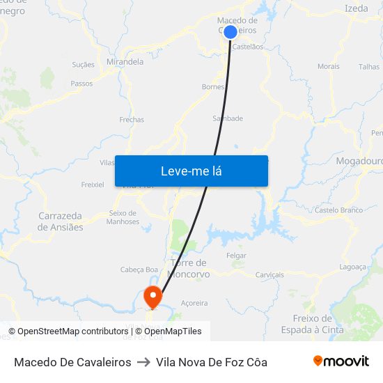 Macedo De Cavaleiros to Vila Nova De Foz Côa map
