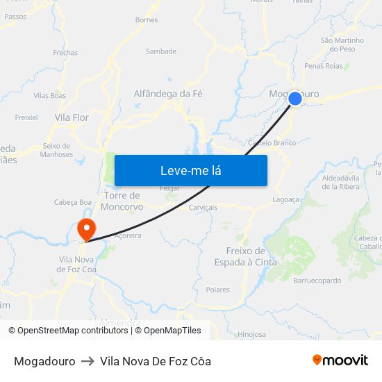 Mogadouro to Vila Nova De Foz Côa map