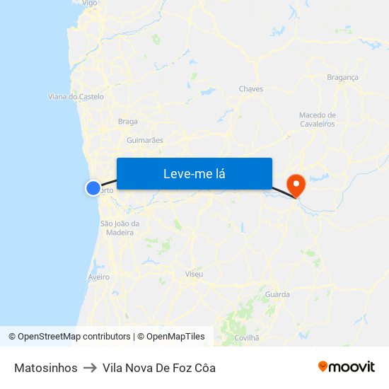 Matosinhos to Vila Nova De Foz Côa map