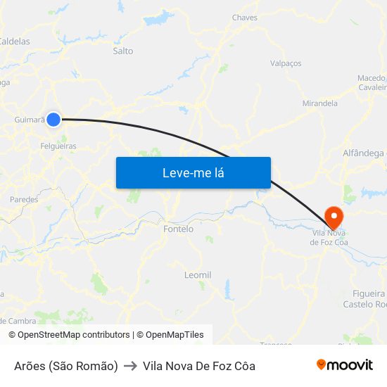 Arões (São Romão) to Vila Nova De Foz Côa map