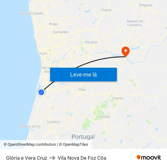 Glória e Vera Cruz to Vila Nova De Foz Côa map