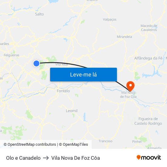 Olo e Canadelo to Vila Nova De Foz Côa map