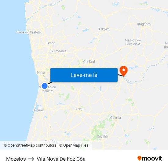 Mozelos to Vila Nova De Foz Côa map