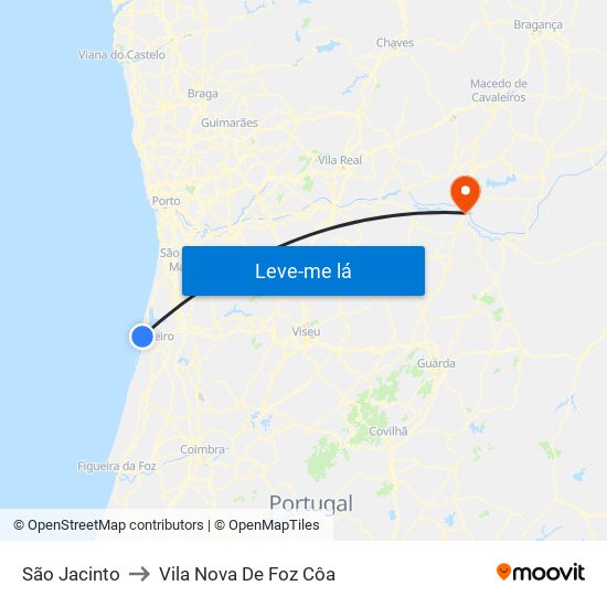 São Jacinto to Vila Nova De Foz Côa map