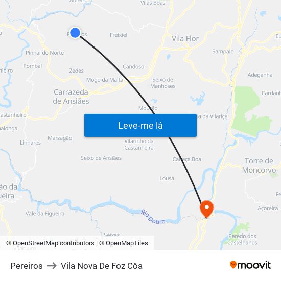Pereiros to Vila Nova De Foz Côa map