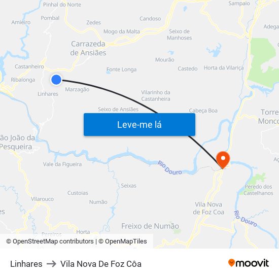Linhares to Vila Nova De Foz Côa map