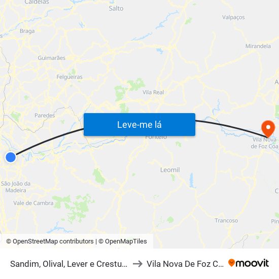 Sandim, Olival, Lever e Crestuma to Vila Nova De Foz Côa map