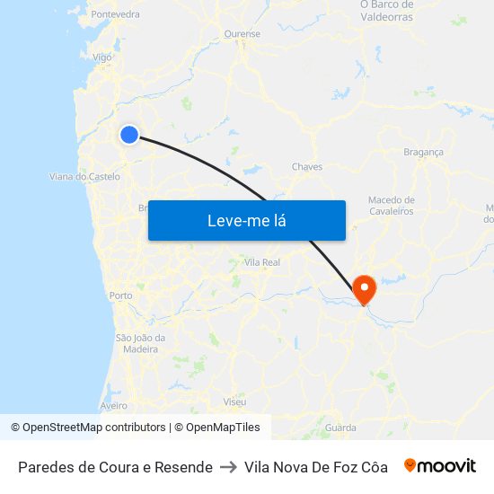 Paredes de Coura e Resende to Vila Nova De Foz Côa map