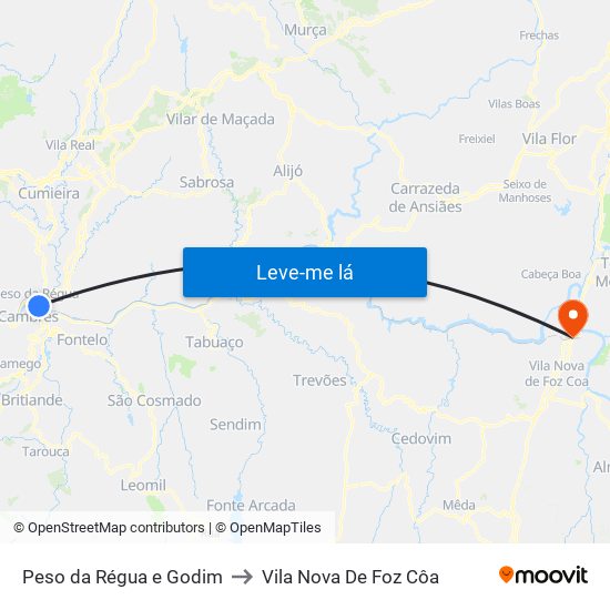 Peso da Régua e Godim to Vila Nova De Foz Côa map