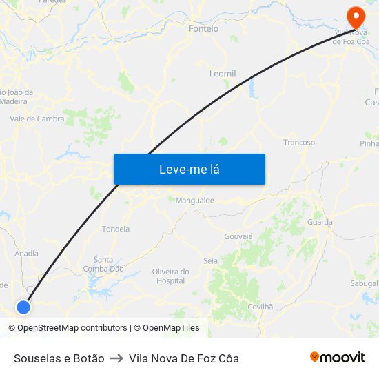 Souselas e Botão to Vila Nova De Foz Côa map