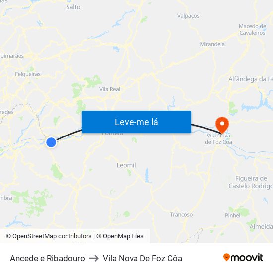 Ancede e Ribadouro to Vila Nova De Foz Côa map