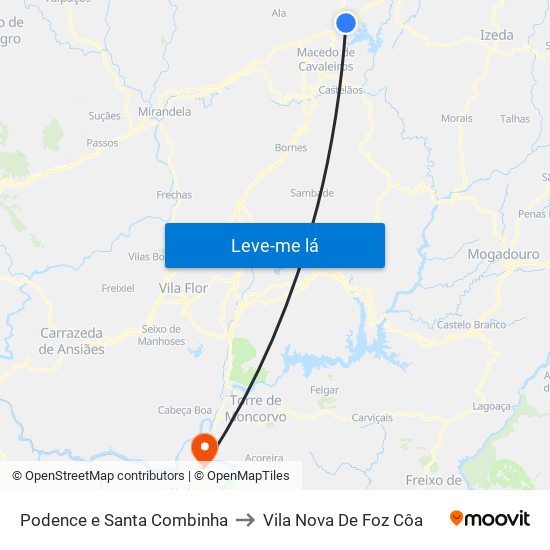 Podence e Santa Combinha to Vila Nova De Foz Côa map