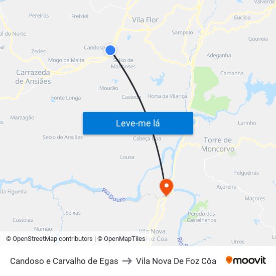 Candoso e Carvalho de Egas to Vila Nova De Foz Côa map