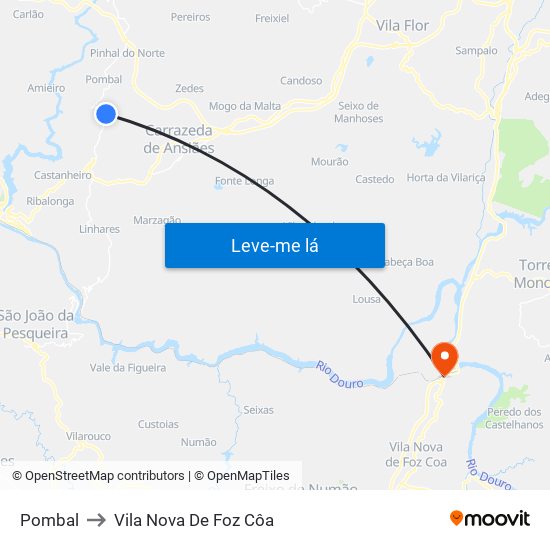 Pombal to Vila Nova De Foz Côa map