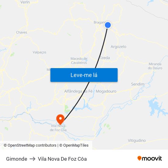 Gimonde to Vila Nova De Foz Côa map