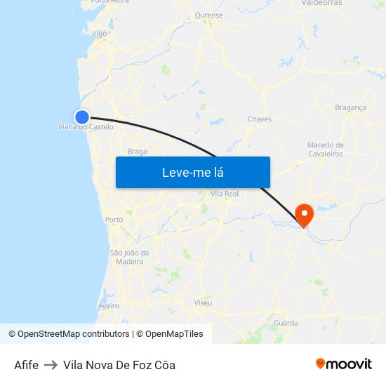 Afife to Vila Nova De Foz Côa map