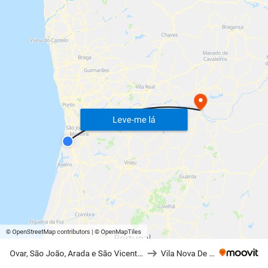 Ovar, São João, Arada e São Vicente de Pereira Jusã to Vila Nova De Foz Côa map