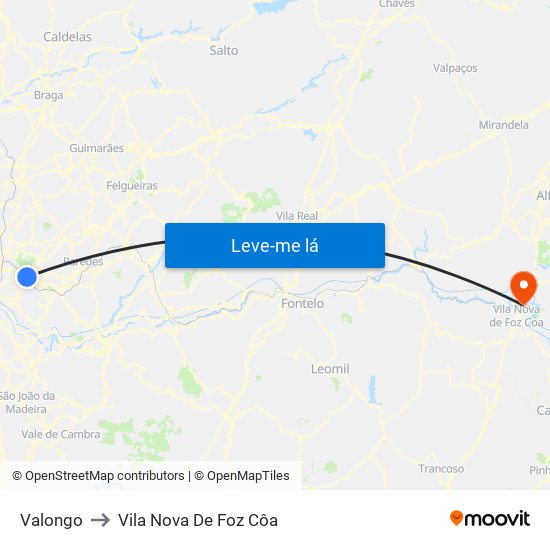 Valongo to Vila Nova De Foz Côa map