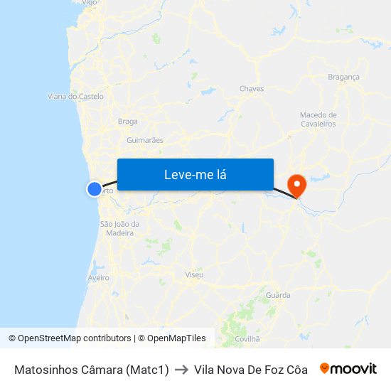 Matosinhos Câmara (Matc1) to Vila Nova De Foz Côa map