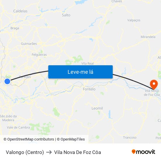 Valongo (Centro) to Vila Nova De Foz Côa map