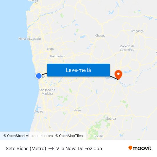 Sete Bicas (Metro) to Vila Nova De Foz Côa map