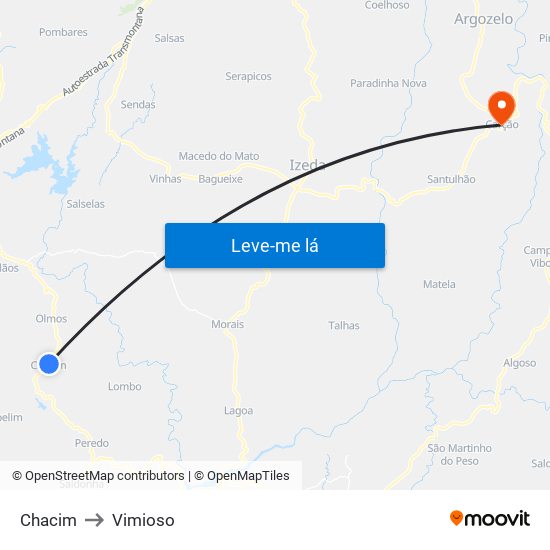 Chacim to Vimioso map