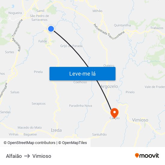 Alfaião to Vimioso map