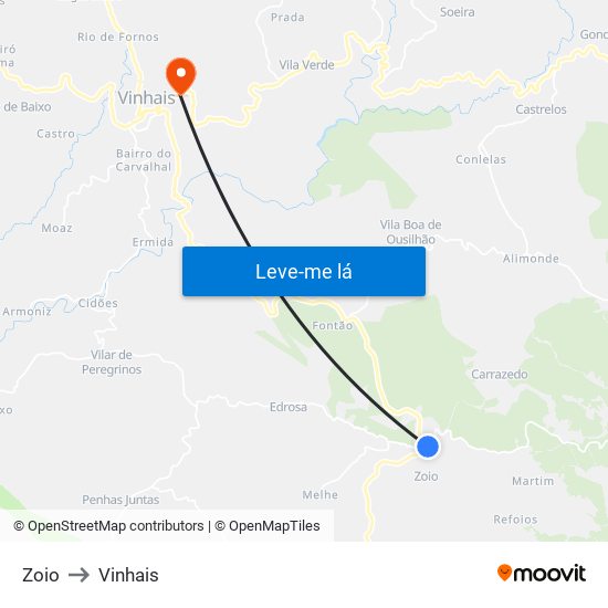 Zoio to Vinhais map