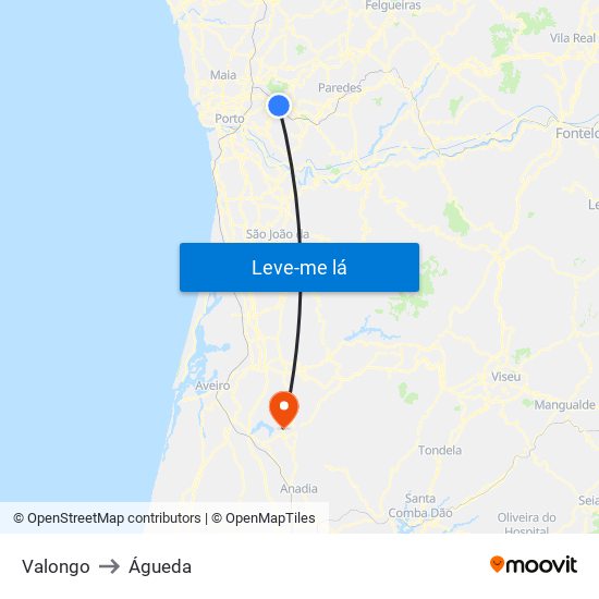 Valongo to Águeda map