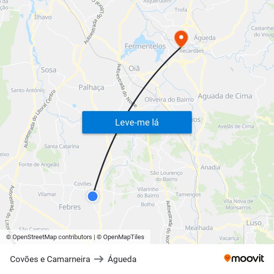 Covões e Camarneira to Águeda map