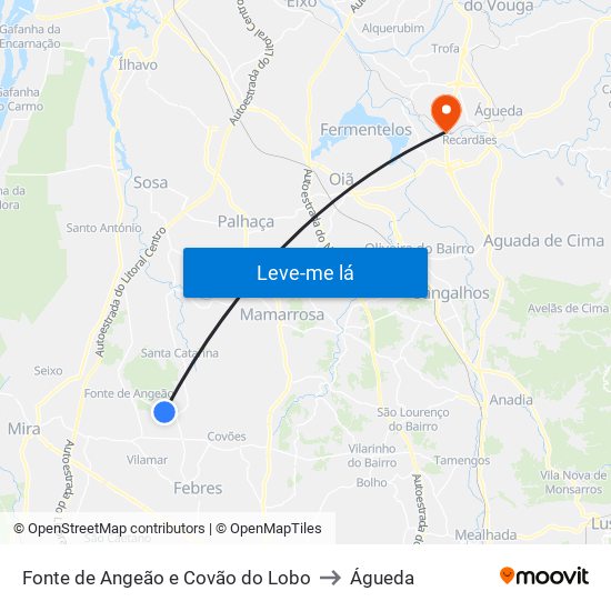 Fonte de Angeão e Covão do Lobo to Águeda map