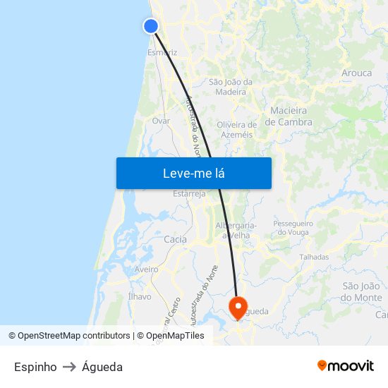 Espinho to Águeda map