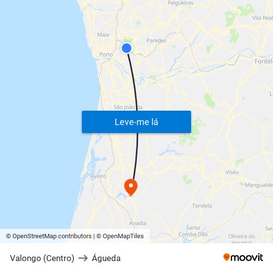 Valongo (Centro) to Águeda map