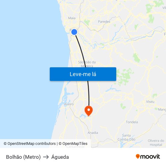 Bolhão (Metro) to Águeda map