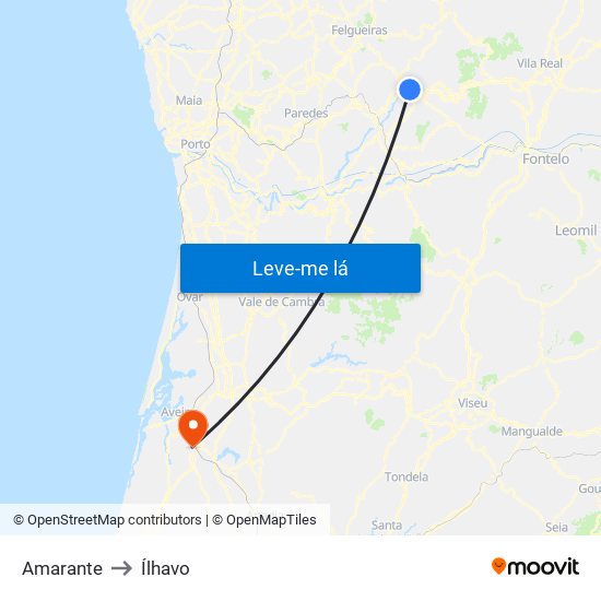Amarante to Ílhavo map